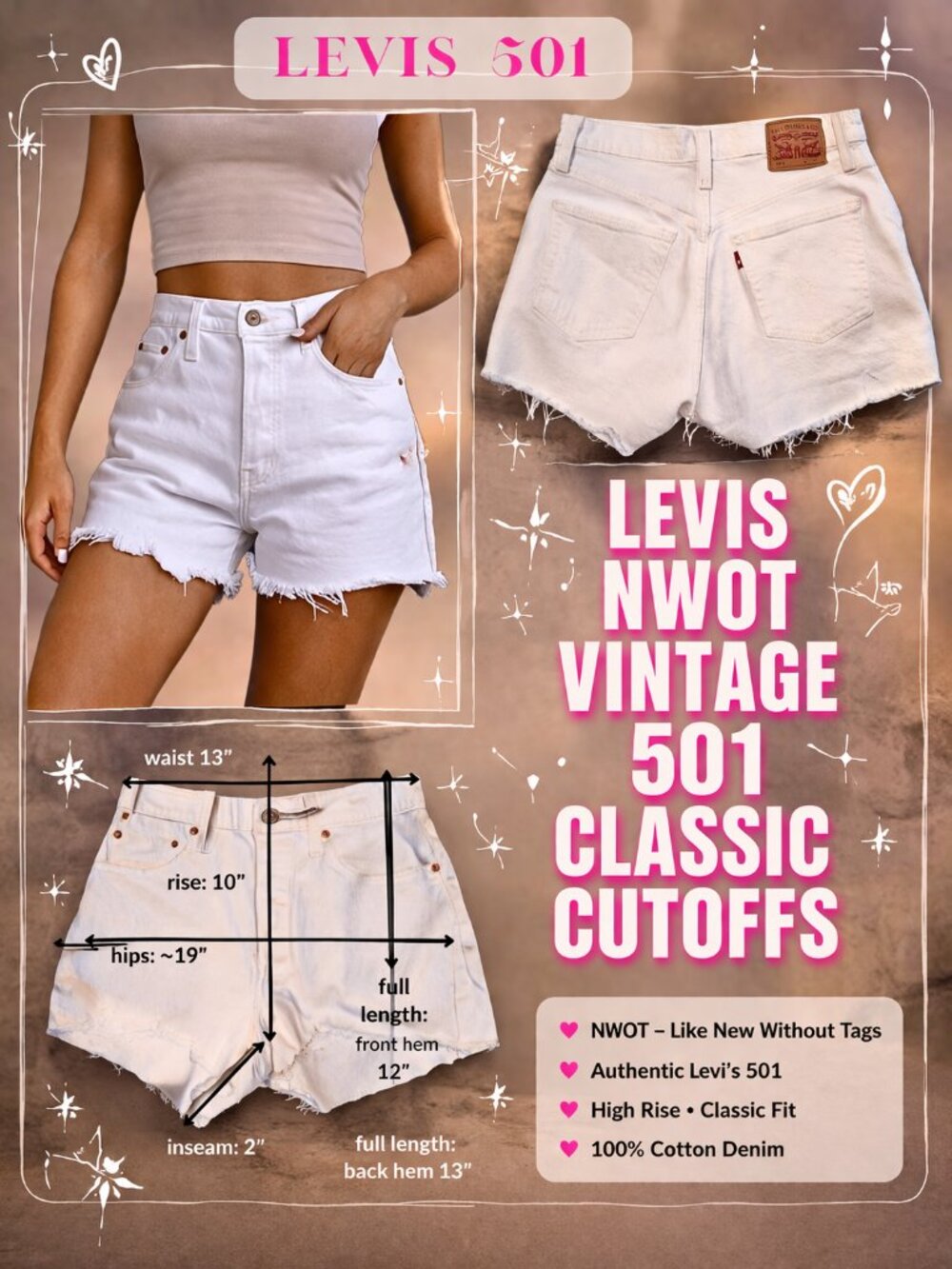 Levi’s 501 White High Rise Cutoff Shorts‎ Raw Hem Denim Festival Summer NWOT